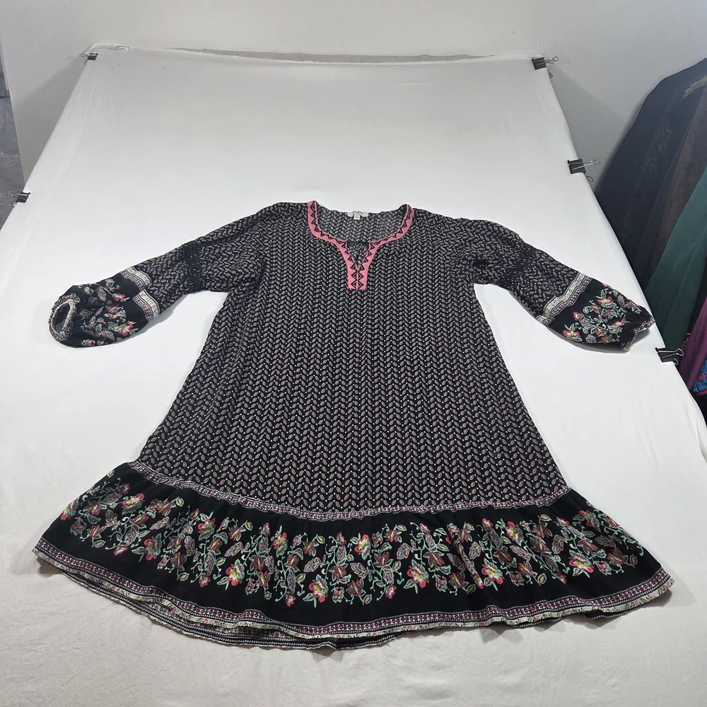 Umgee Boho Black Printed Dress Pink Trim Colorblock V Neck Embroidered Sleeves - Picture 10 of 16